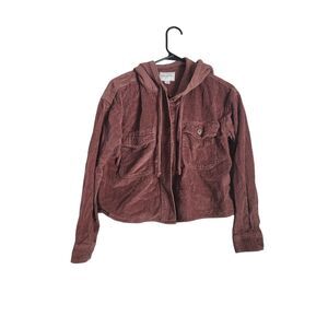 American Eagle Cropped Corduroy Jacket Brown Hooded Button Front Women's Size XS
